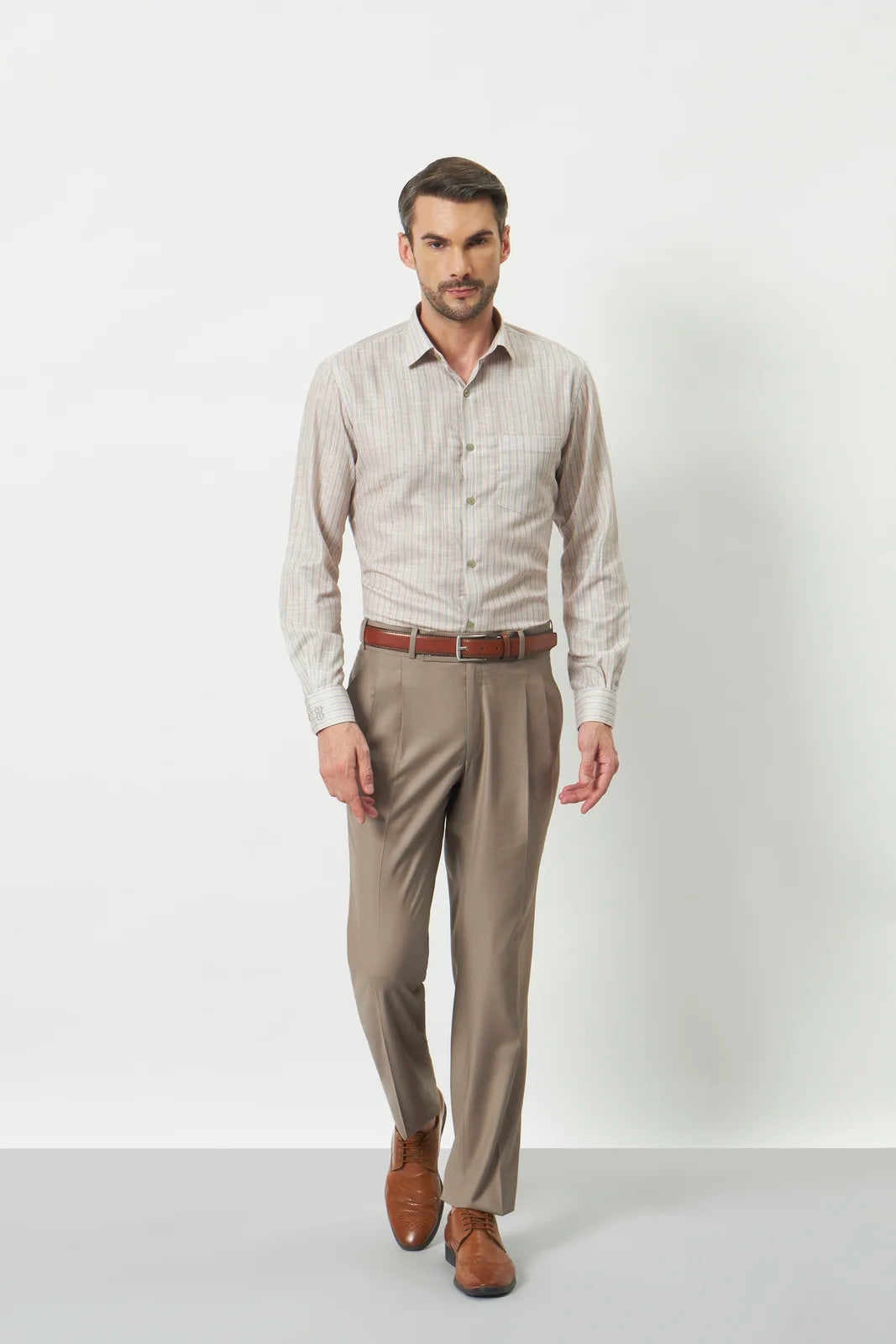 Classic Fit Striped Poly-Viscose Shirt | Yellow-Grey